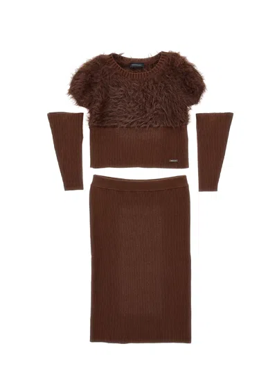 Monnalisa Kids'   Skirt And Sweater Set In Brown