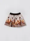Monnalisa Beige Skirt With Elastic Waist With Logo Lettering And All-over Print In Cotton Stretch Girl In Gray