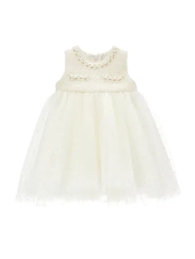 Monnalisa Kids'   Sleeveless Tulle And Bouclé Dress In Cream