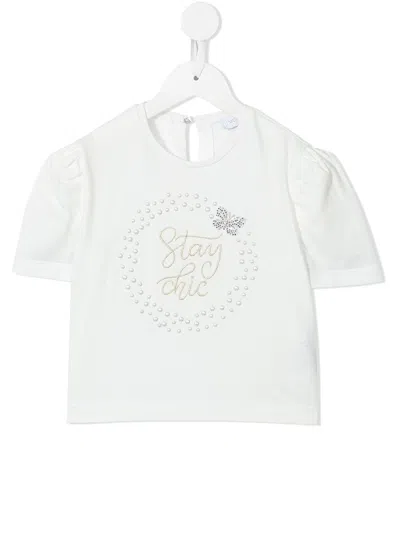 Monnalisa Kids' Slogan Embroidered Short-sleeve Blouse In White
