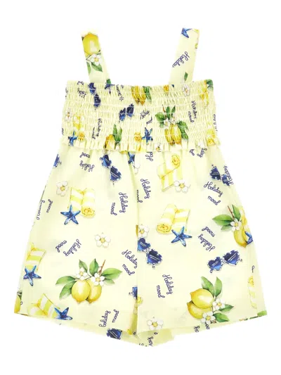 Monnalisa Kids' Smocked-top Printed Playsuit In Yellow