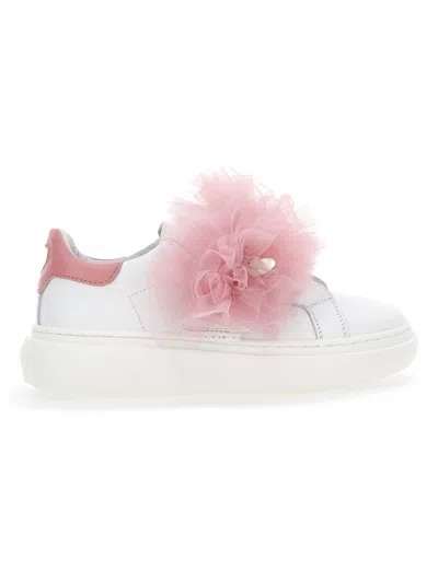 Monnalisa Kids' Pink Low Sneakers For Girl With Tulle In White