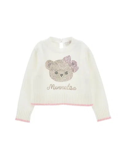Monnalisa Kids'   Soft Sweater With Rhinestone Teddy Bear In Cream + Pink