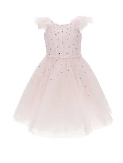 Monnalisa Kids'   Soft Tulle Dress With Rhinestones In Dusty Pink Rose