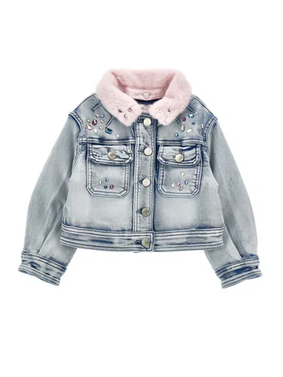 Monnalisa Kids'   Stitch Rhinestone And Fur Jacket In Blue