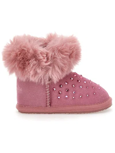 Monnalisa Kids' Strass- Und Fell-ankle-boots In Pink