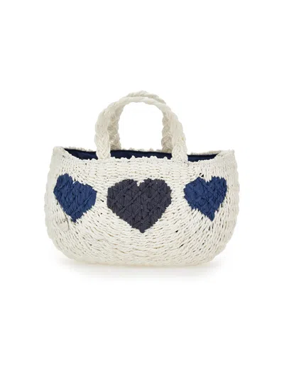 Monnalisa Kids'   Straw Bag With Hearts In White + Blue