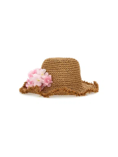 Monnalisa Kids' Strohhut Mit Blumen In Beige