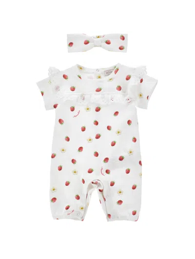 Monnalisa Ruffled Strawberry-print Babygrow Set In White