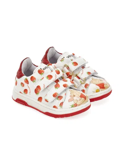 Monnalisa Babies' Strawberry-print Glitter Sneakers In White