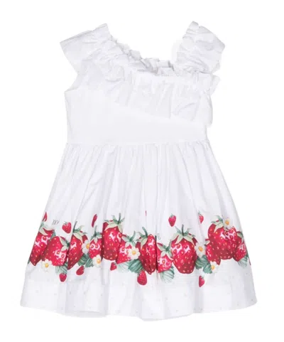 Monnalisa Kids' Strawberry-print Ruffled Asymmetric Dress In White