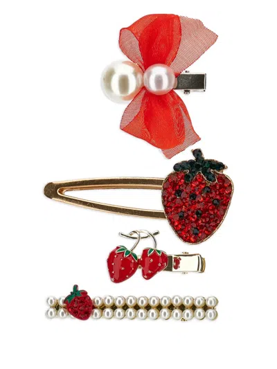Monnalisa Babies' Strawberry-embellishment Hair Clips (set Of Four) In Gold