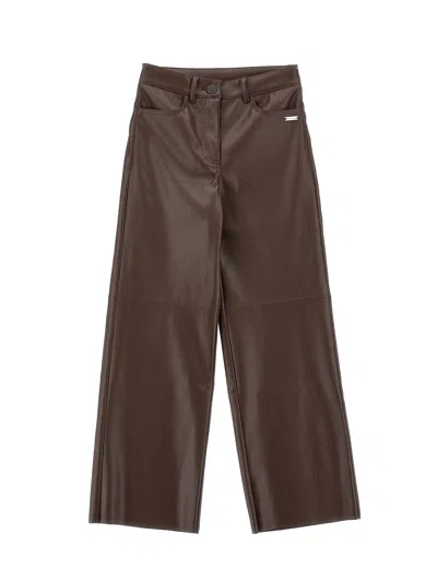 Monnalisa Kids'   Stretch Coated Fabric Trousers In Dark Brown