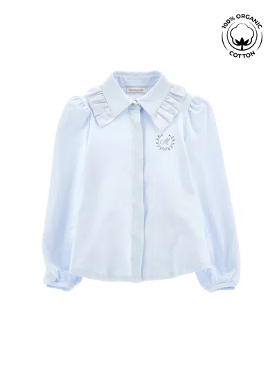 Monnalisa Kids'   Stretch Organic Cotton Shirt With Rhinestones In Sky Blue