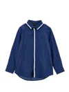 Monnalisa Stretch Poplin Shirt In Blue + Cream