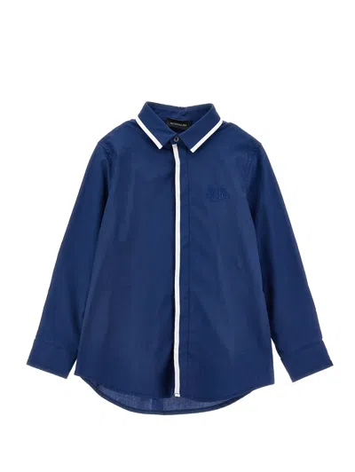 Monnalisa Kids'   Stretch Poplin Shirt In Blue + Cream