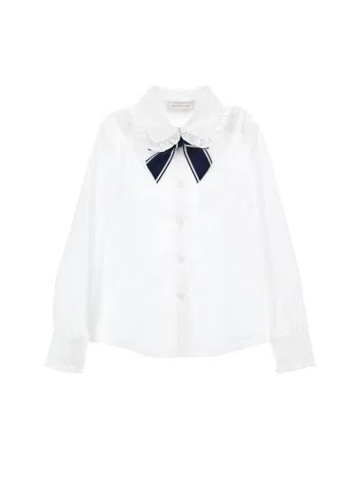 Monnalisa Kids'   Stretch Shirt With Bow In White + Blue
