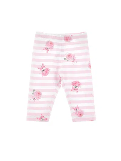 Monnalisa Kids'   Striped And Rose Leggings In White + Rosa Fairytale