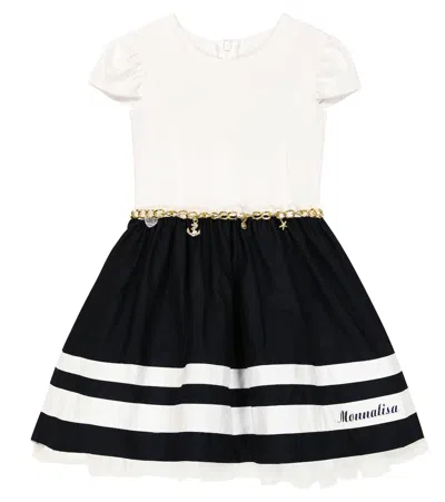 Monnalisa Kids' Striped Cotton Dress In Blu + Bianco