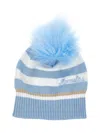 Monnalisa Striped Hat With Pom Pom In Cream + Light Blue