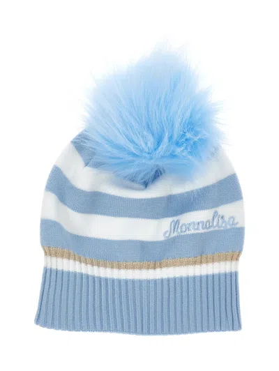 Monnalisa Kids'   Striped Hat With Pom Pom In Cream + Light Blue
