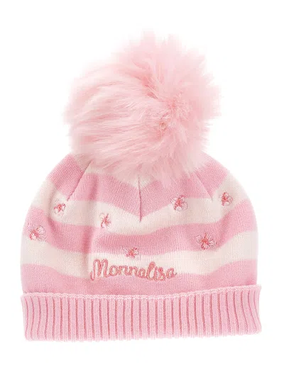 Monnalisa Kids'   Striped Hat With Pom Pom In Pink  + Fuchsia