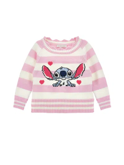 Monnalisa Kids'   Striped Sweater With Stitch In Pink