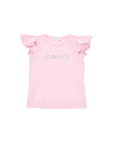 Monnalisa Kids'   Studded Logo Jersey T-shirt In Rosa Fairy Tale