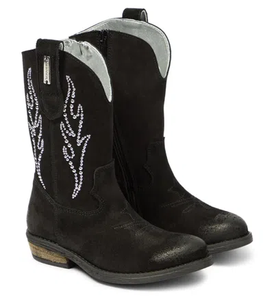 Monnalisa Kids' Suede Cowboy Boots In Black