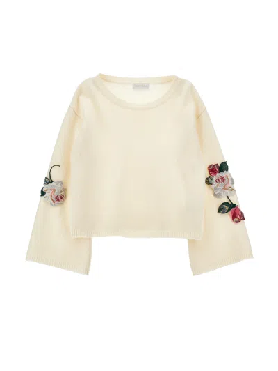 Monnalisa Kids'   Sweater With Embroidered Sleeves In Cream
