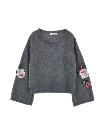 Monnalisa Kids'   Sweater With Embroidered Sleeves In Grey