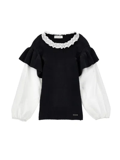 Monnalisa Kids'   Sweater With Poplin Sleeves In Cream + Black