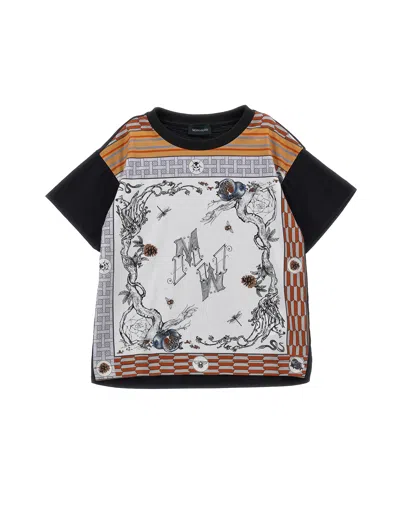 Monnalisa Kids'   Scarf Print Cotton T-shirt In Used Black