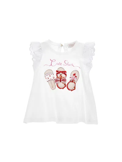 Monnalisa Babies' T-shirt Aus Jersey Und St. Galler Spitzenstickerei In White