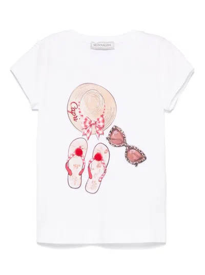 Monnalisa Kids' T-shirt Beach Time Jersey Jersey Di Cotone Organico In Weiss