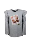 Monnalisa Long-sleeved Round-neck Maxi T-shirt With Teddy Bear Print And Rouches On The Shoulders In Gray