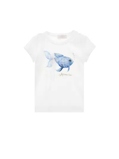 Monnalisa Kids' T-shirt Mit Fisch-print Sowie Tüll Und Strass In White