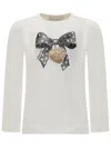 Monnalisa Cotton T-shirt With Bow Print In Panna