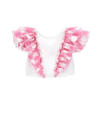 Monnalisa Kids'   T-shirt With Gingham Ruffles In White + Fuchsia