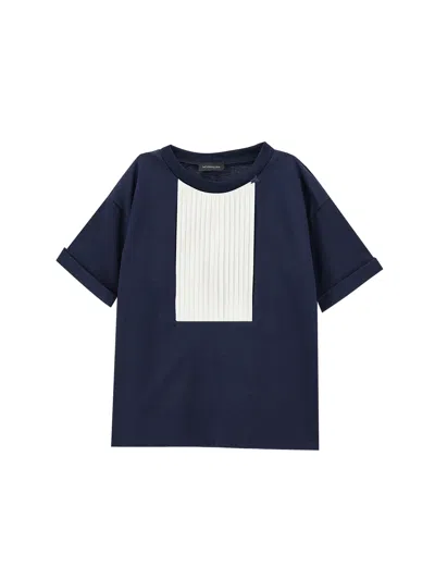 Monnalisa Kids'   T-shirt With Plastron In Blue + Cream