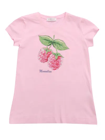 Monnalisa Kids' T-shirt With Raspberry Rhinestones In Pink