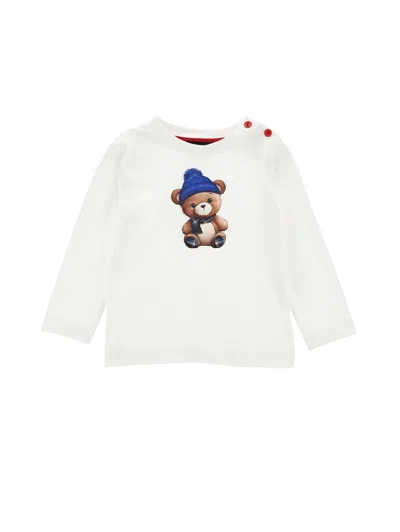 Monnalisa Kids'   T-shirt With Teddy Bear On Front And Back In Cream