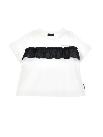 Monnalisa Kids'   T-shirt With Tulle Trim In Cream + Black