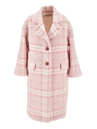 Monnalisa Kids'   Tartan Bouclé Coat In Antique Rose + Cream