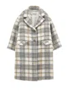 Monnalisa Single-breasted Plaid Coat In Cream + Grey