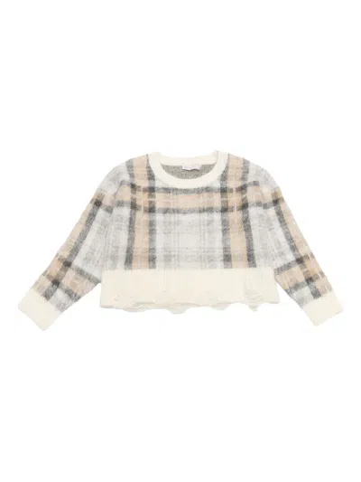 Monnalisa Kids' Tartan Frayed-hem Sweater In Neutral