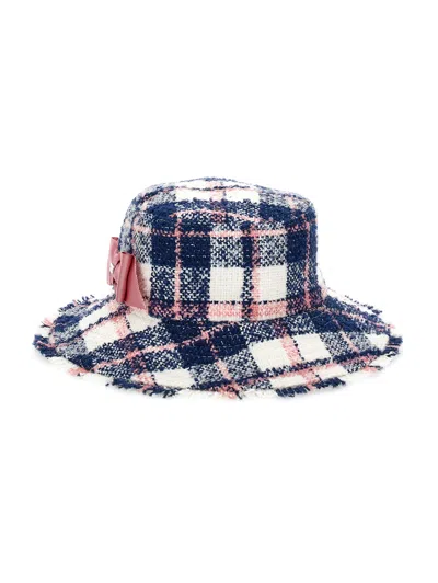 Monnalisa Kids'   Tartan Hat With Small Brim In Navy Blue + Cyclamen