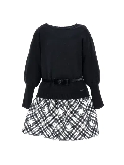 Monnalisa Kids'   Tartan Mikado Dress In Black + Cream