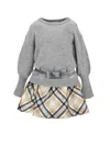 Monnalisa Tartan Mikado Dress In Light Grey + Camel
