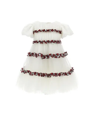 Monnalisa Kids'   Tartan Pleated Tulle Dress With Ruffles In Cream + Ruby Red